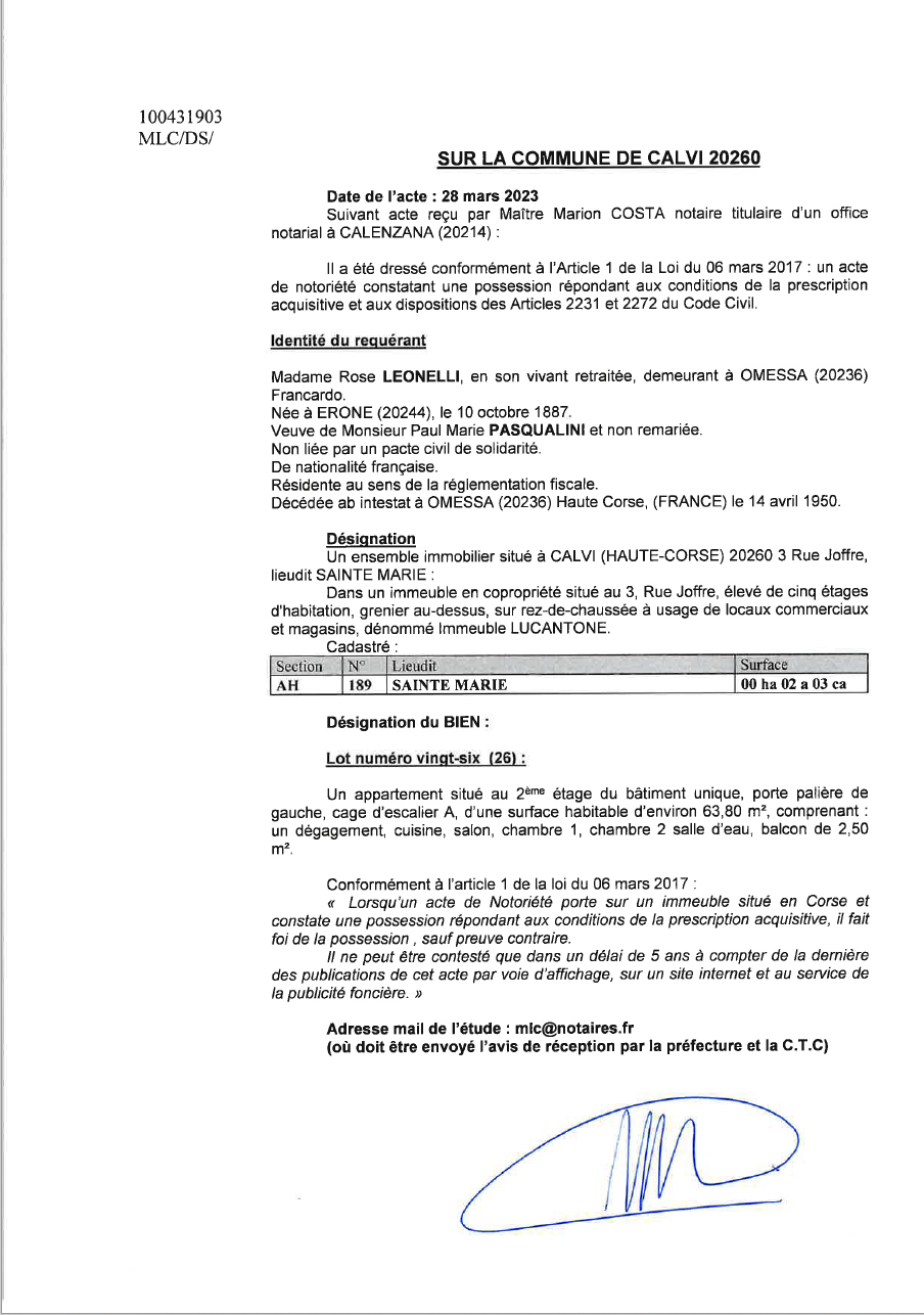 Avis de création de titre de propriété - Commune de Calvi (Cismonte)