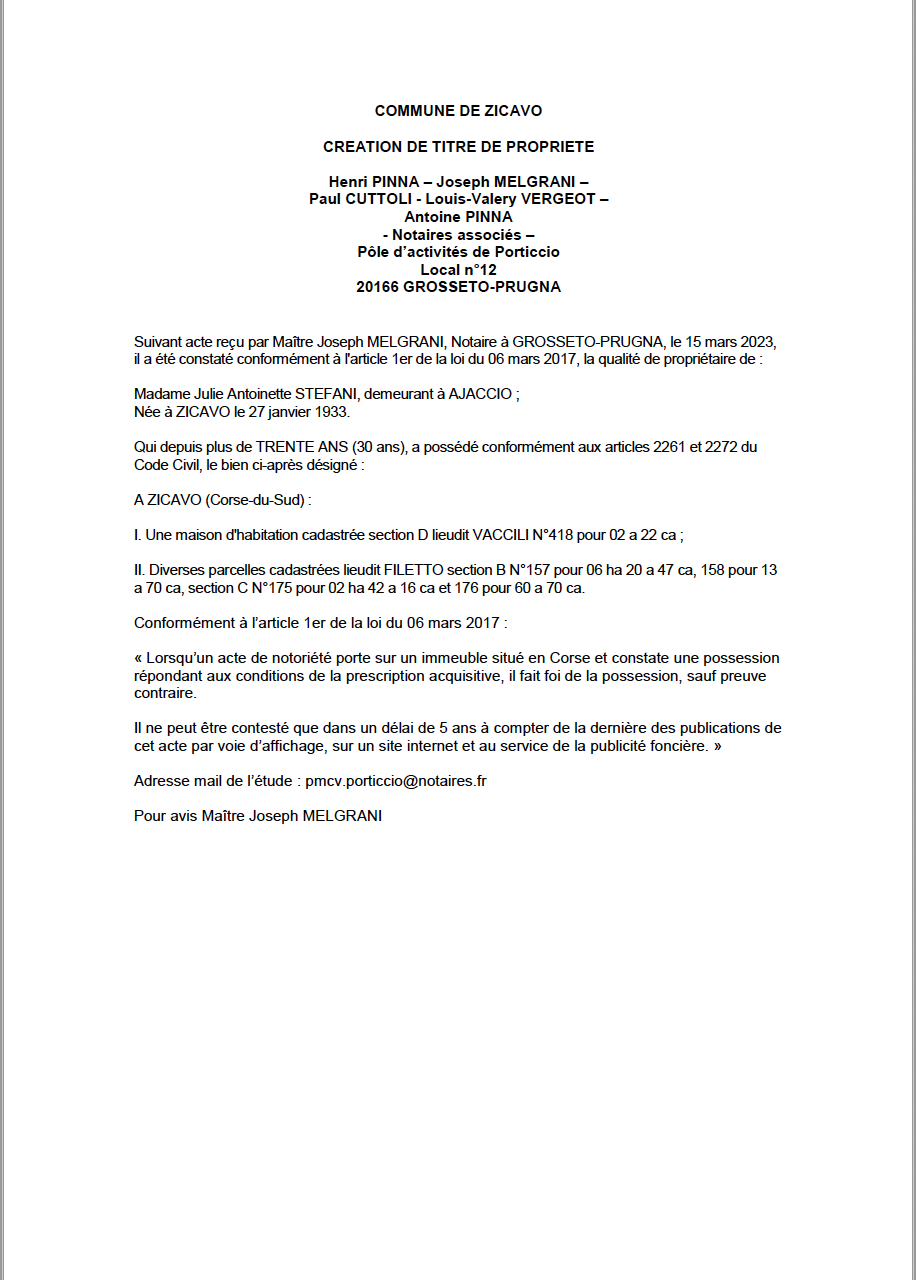 Avis de création de titre de propriété - Commune de Sari de Zicavu (Pumonti)