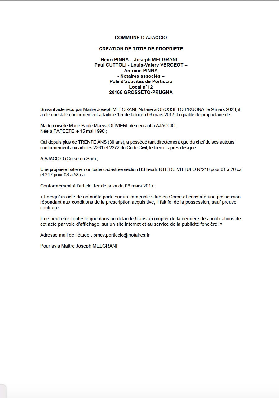 Avis de création de titre de propriété - Commune d'Aiacciu (Pumonti)