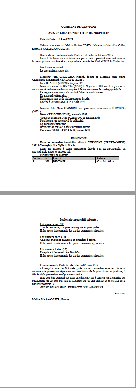 Avis de création de titre de propriété - Commune de Cervoni (Cismonte)