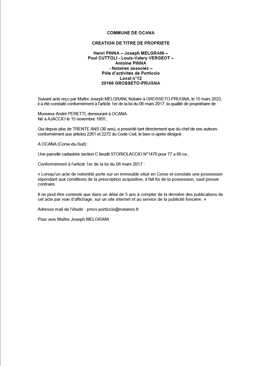 Avis de création de titre de propriété - Commune d'Ocana (Pumonti)