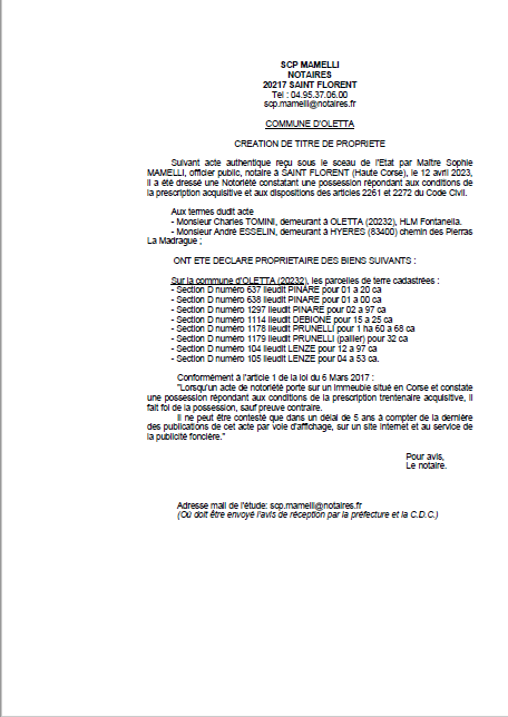 Avis de création de titre de propriété - Commune d'Oletta (Cismonte)