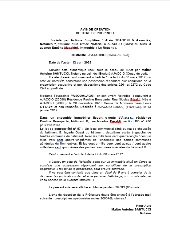 Avis de création de titre de propriété - Commune d'Aiacciu (Pumonti)