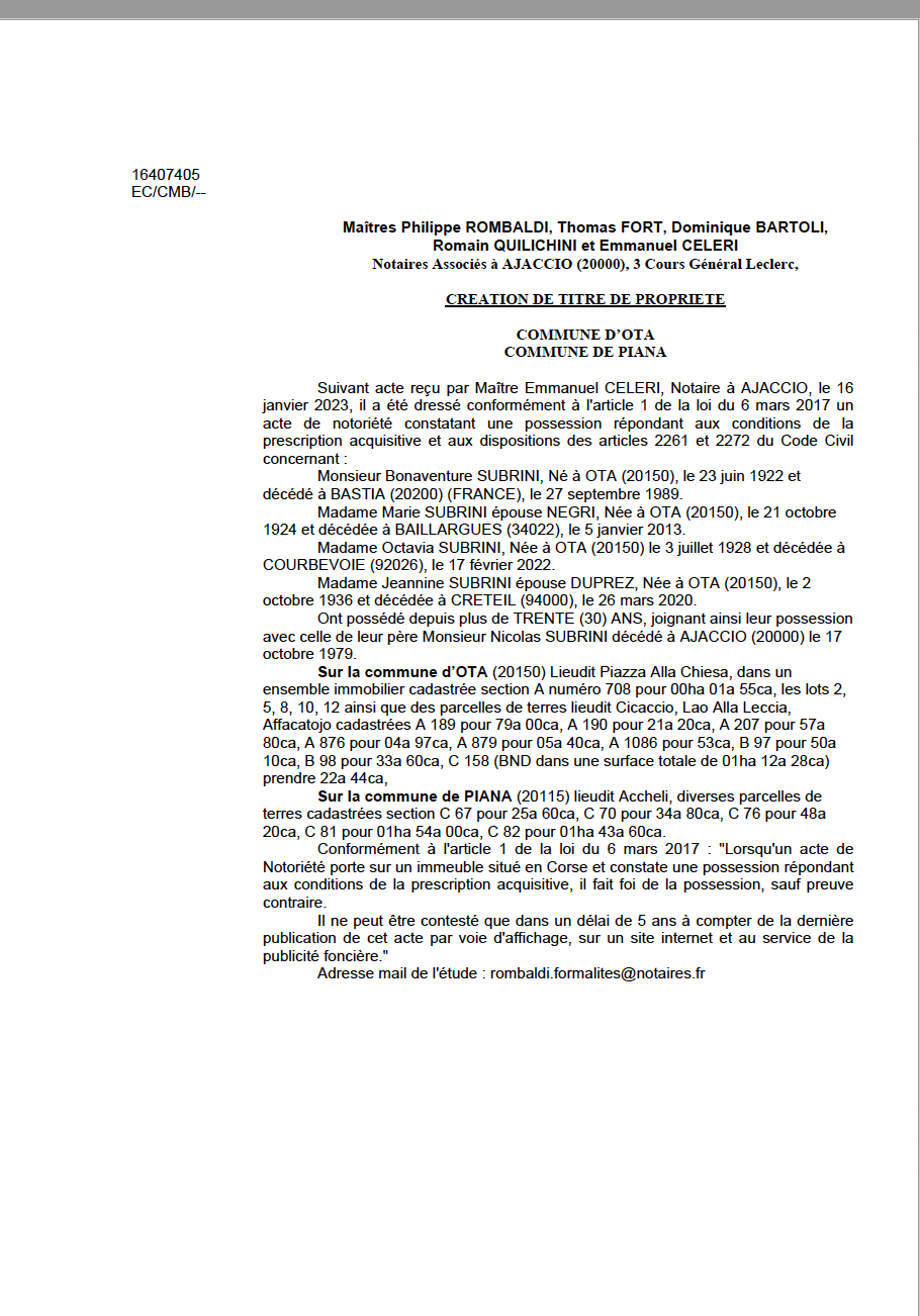 Avis de création de titre de propriété - Communes d'Ota é di A Piana (Pumonti)