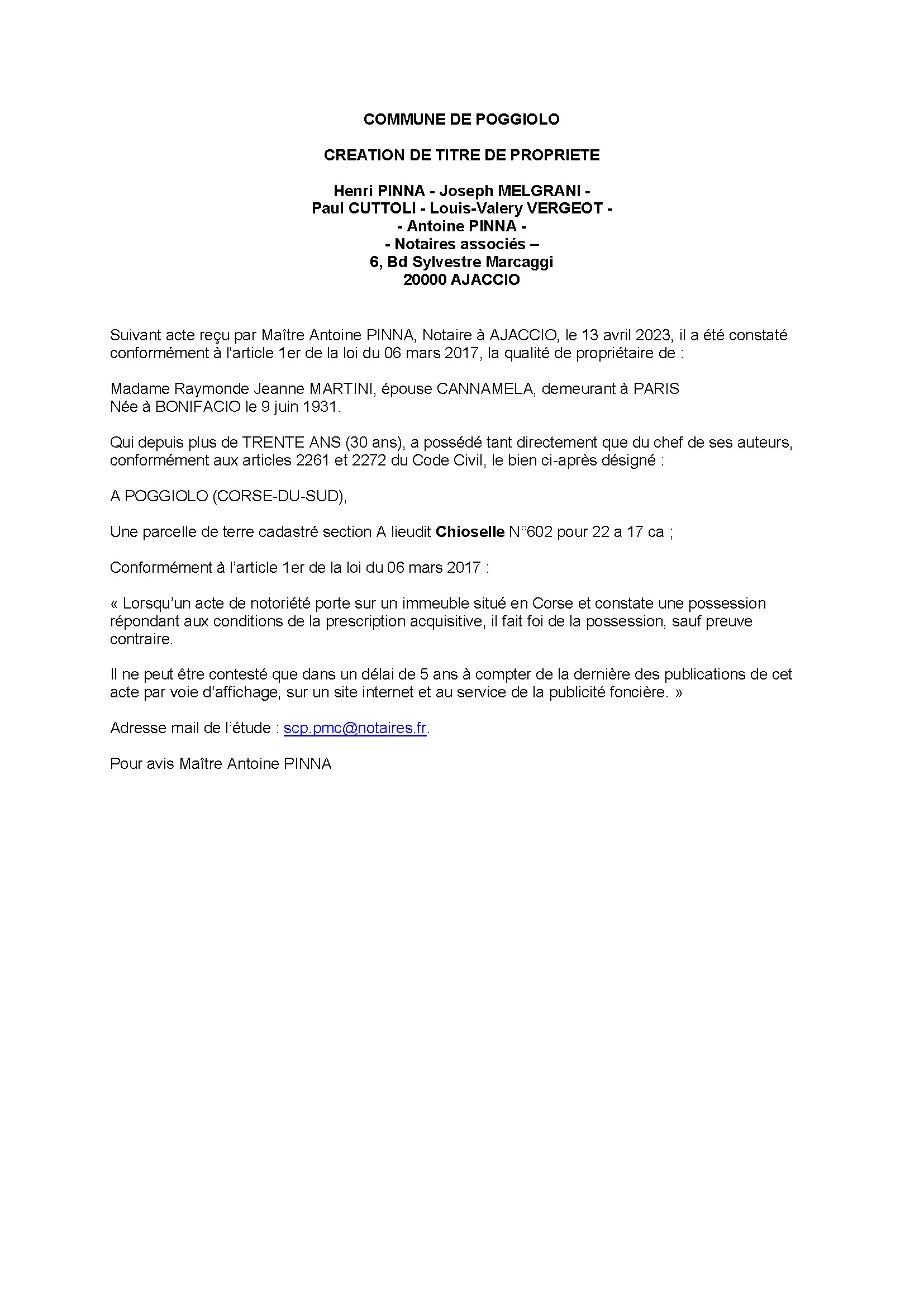 Avis de création de titre de propriété - Commune d'U Pighjolu (Pumonti)