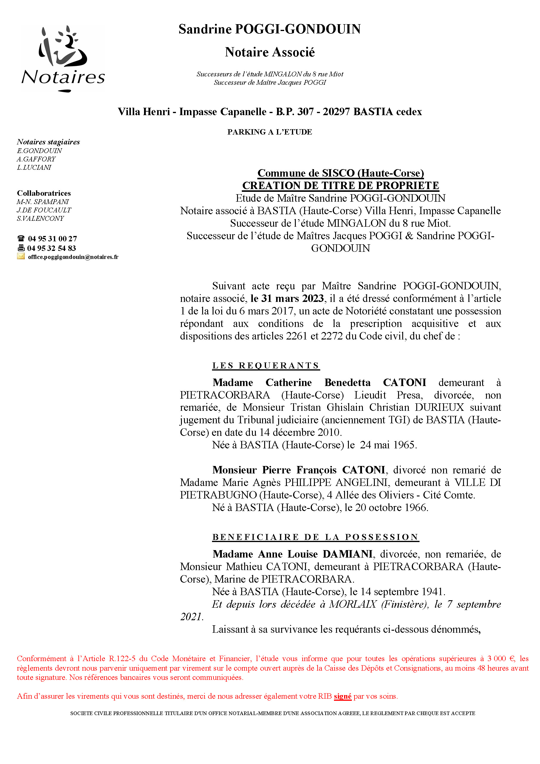Avis de création de titre de propriété - Commune de Siscu (Cismonte)