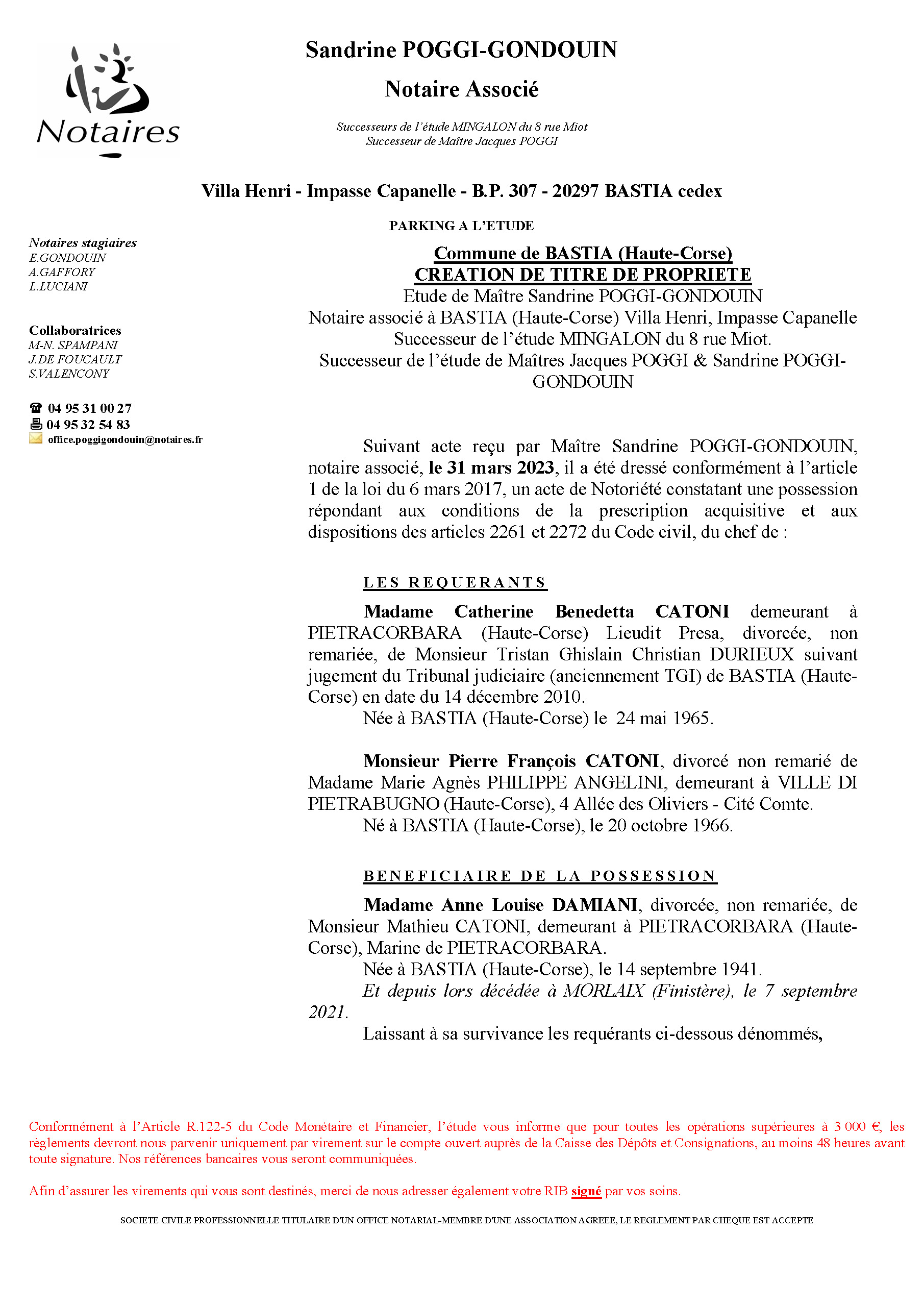 Avis de création de titre de propriété - Commune de Bastia (Cismonte)