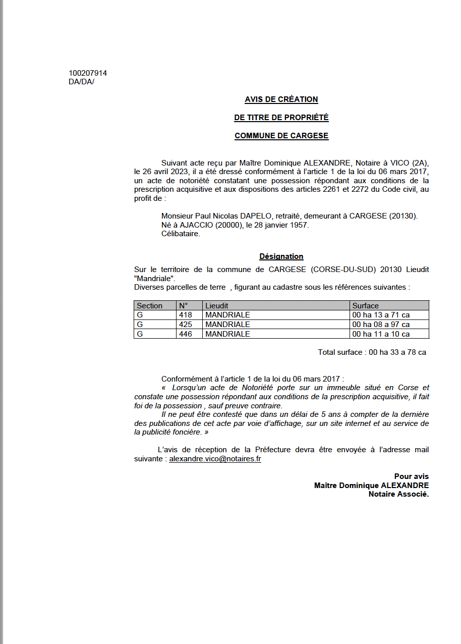  Avis de création de titre de propriété - Commune de Carghjese (Pumonti)