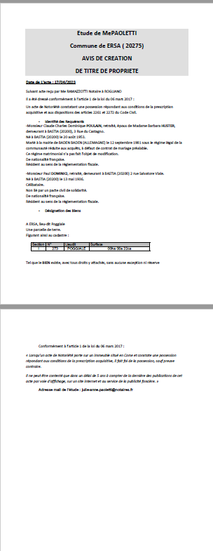   Avis de création de titre de propriété - Commune d'Ersa (Cismonte)