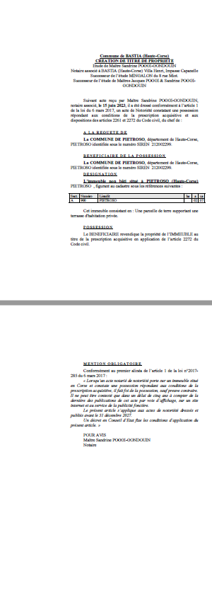 Avis de création de titre de propriété - Commune de U Pietrosu (Cismonte)