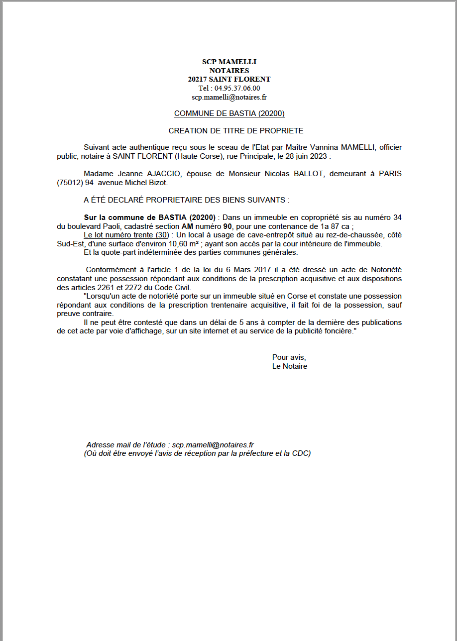 Avis de création de titre de propriété - Commune de Bastia (Cismonte)
