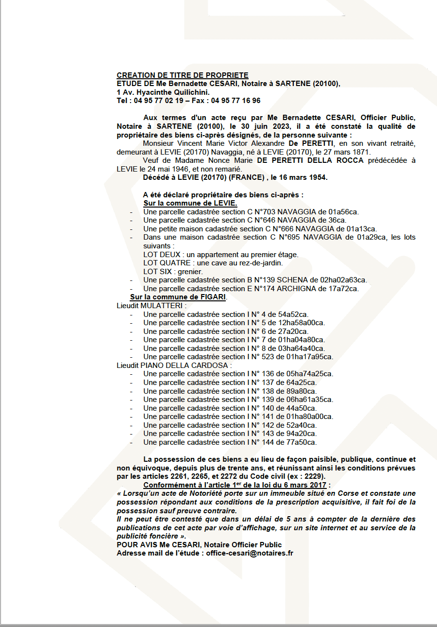 Avis de création de titre de propriété - Communes de Livia et de Figari (Pumonti)