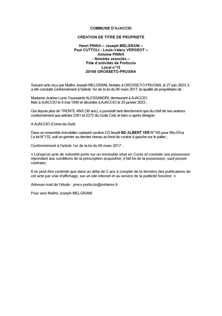 Avis de création de titre de propriété - Commune d'Aiacciu (Pumonti)