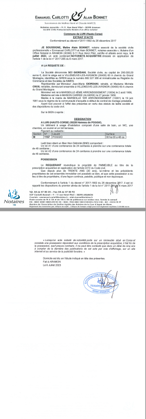 Avis de création de titre de propriété - Commune de Luri (Cismonte)