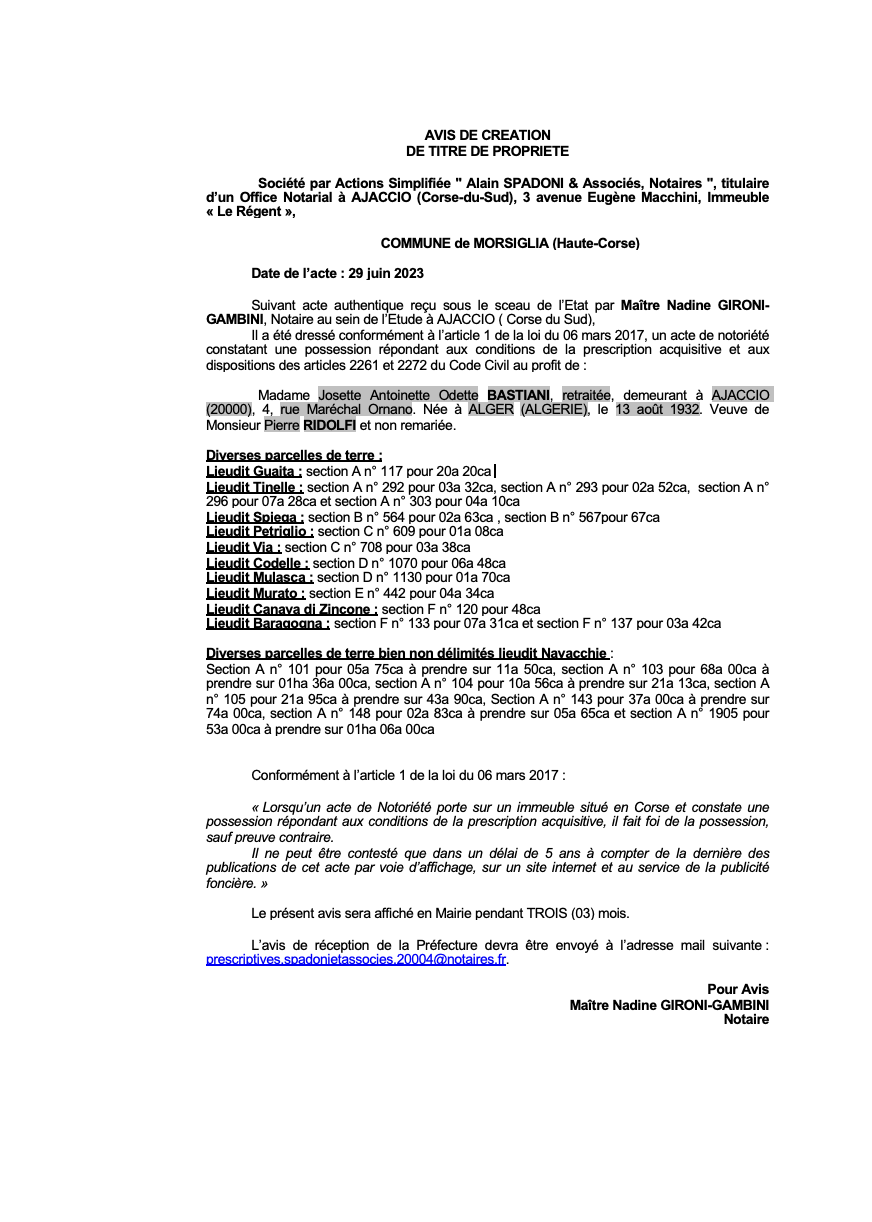 Avis de création de titre de propriété - Commune de Mursiglia (Cismonte)