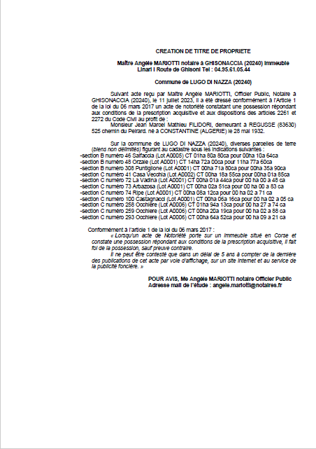 Avis de création de titre de propriété - Commune de U Lugu di Nazza (Cismonte) Avis de création de titre de propriété - Commune de U Lugu di Nazza (Cismonte)