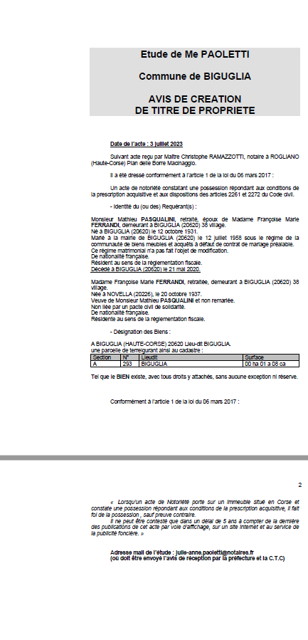Avis de création de titre de propriété - Commune de Biguglia (Cismonte)