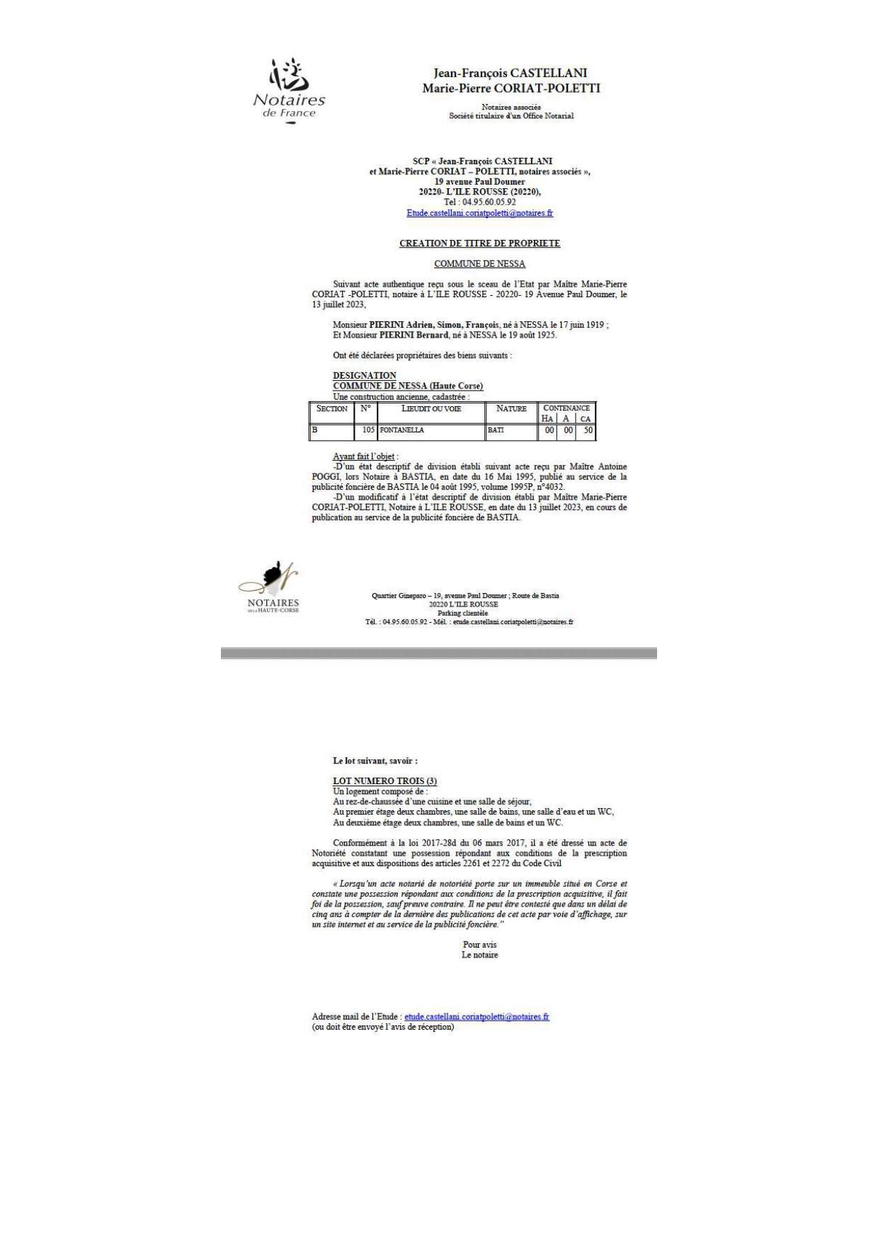 Avis de création de titre de propriété - Commune de Nesce (Cismonte)