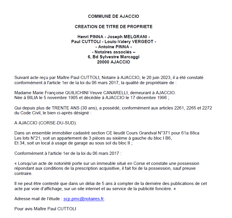 Avis de création de titre de propriété - Commune d'Aiacciu (Pumonti)