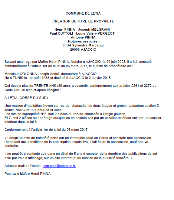 Avis de création de titre de propriété - Commune de Letia (Pumonti) Avis de création de titre de propriété - Commune de Letia (Pumonti)