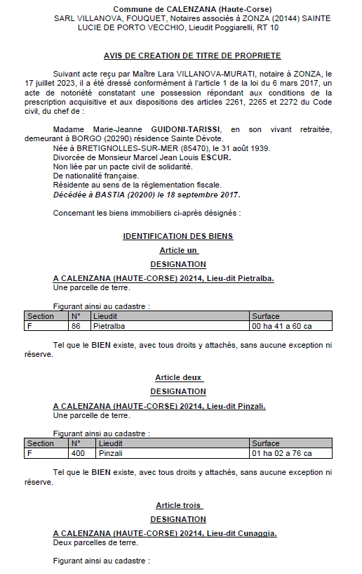 Avis de création de titre de propriété - Commune de Calenzana (Cismonte)