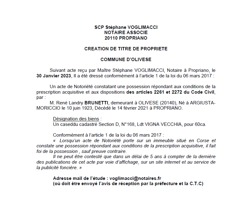 Avis de création de titre de propriété - Commune de Olivese (Pumonti)