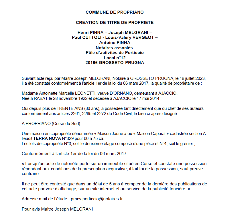 Avis de création de titre de propriété - Commune de Propriano (Pumonti) Avis de création de titre de propriété - Commune de Propriano (Pumonti)