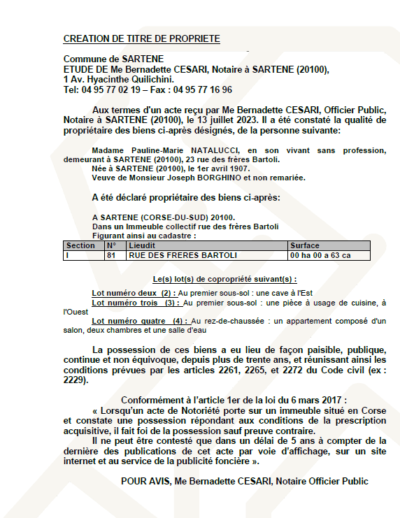 Avis de création de titre de propriété - Commune de Sartè (Pumonti)