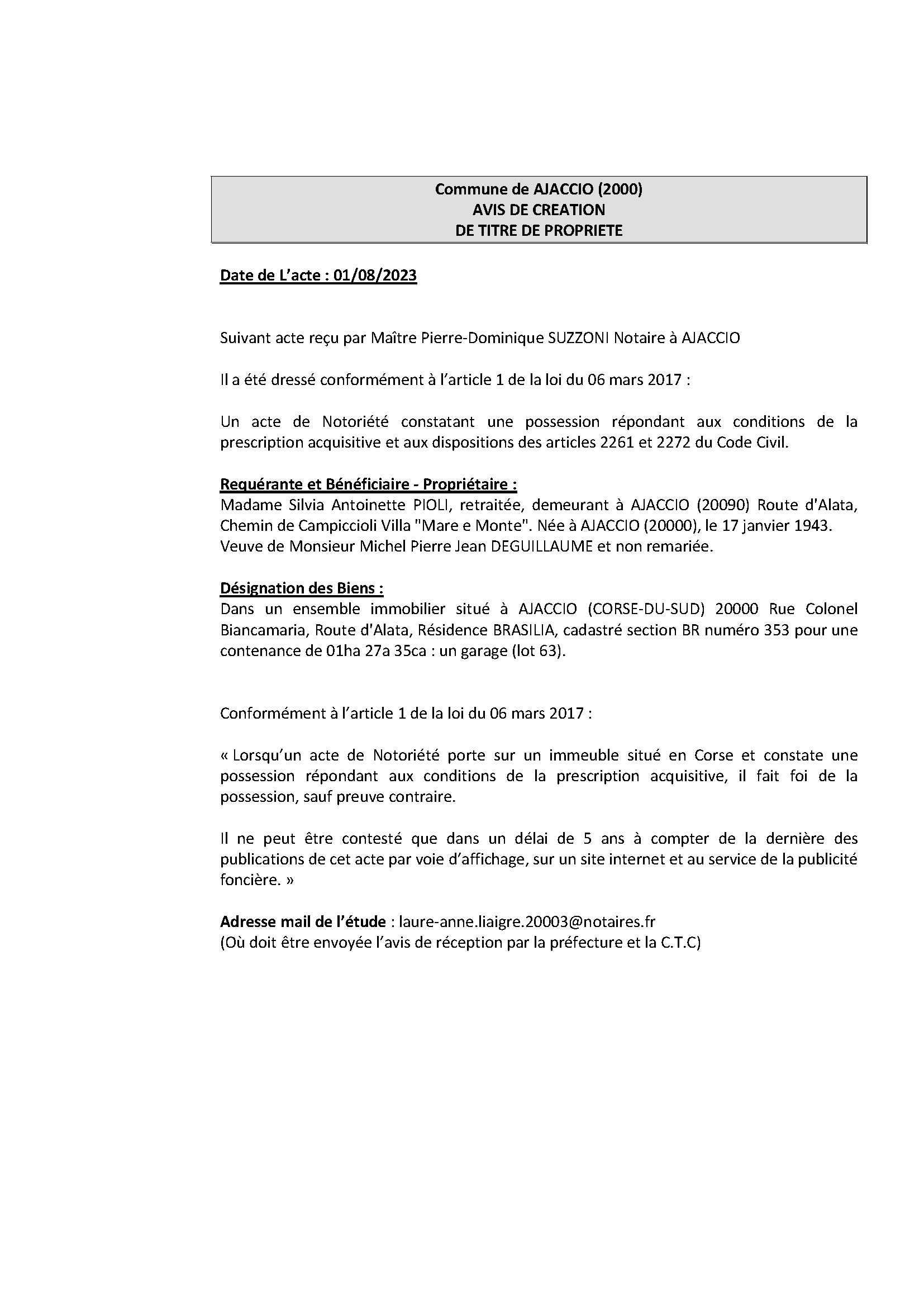 Avis de création de titre de propriété - Commune d'Aiacciu (Pumonti)