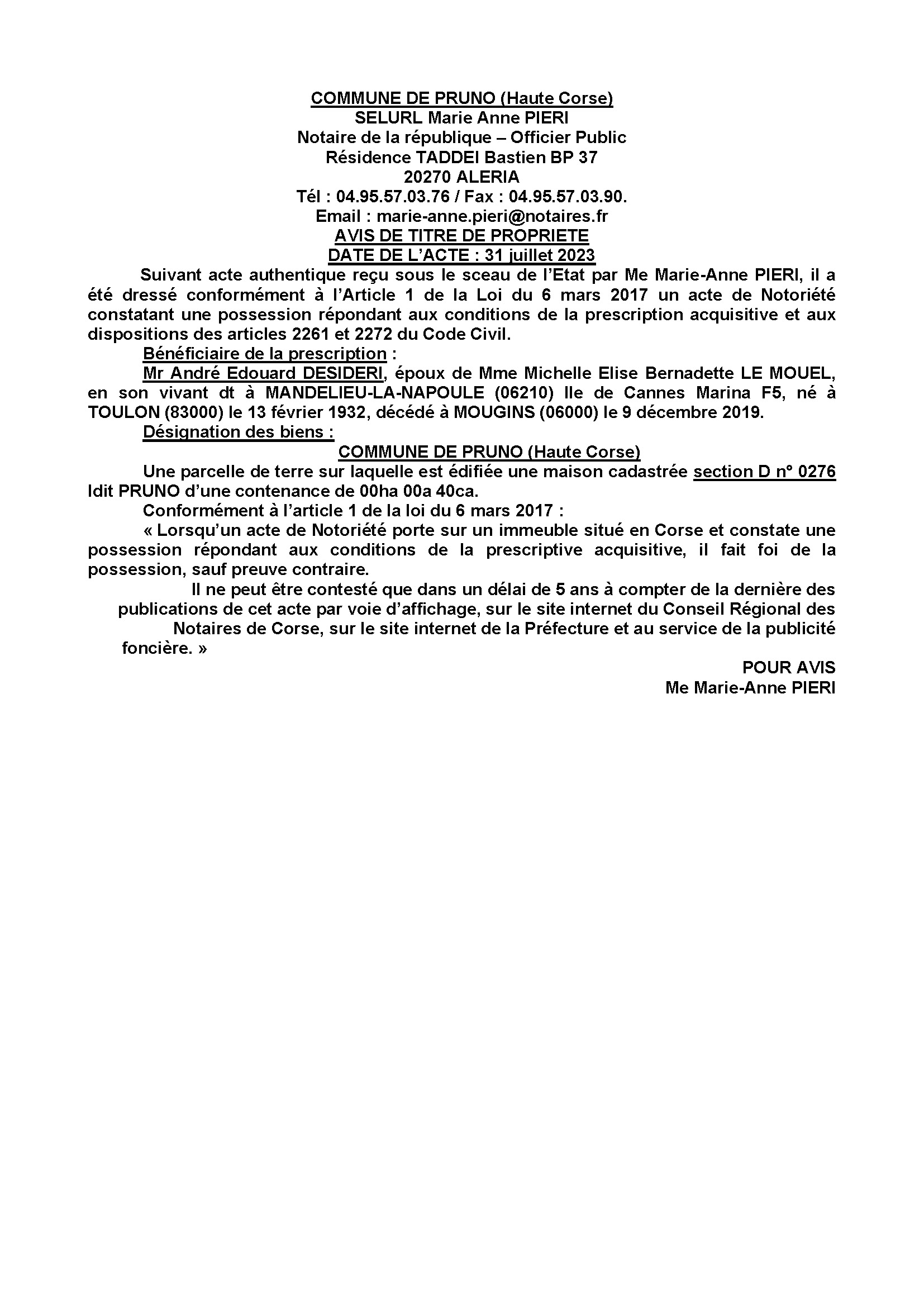 Avis de création de titre de propriété - Commune d'U Prunu (Cismonte)
