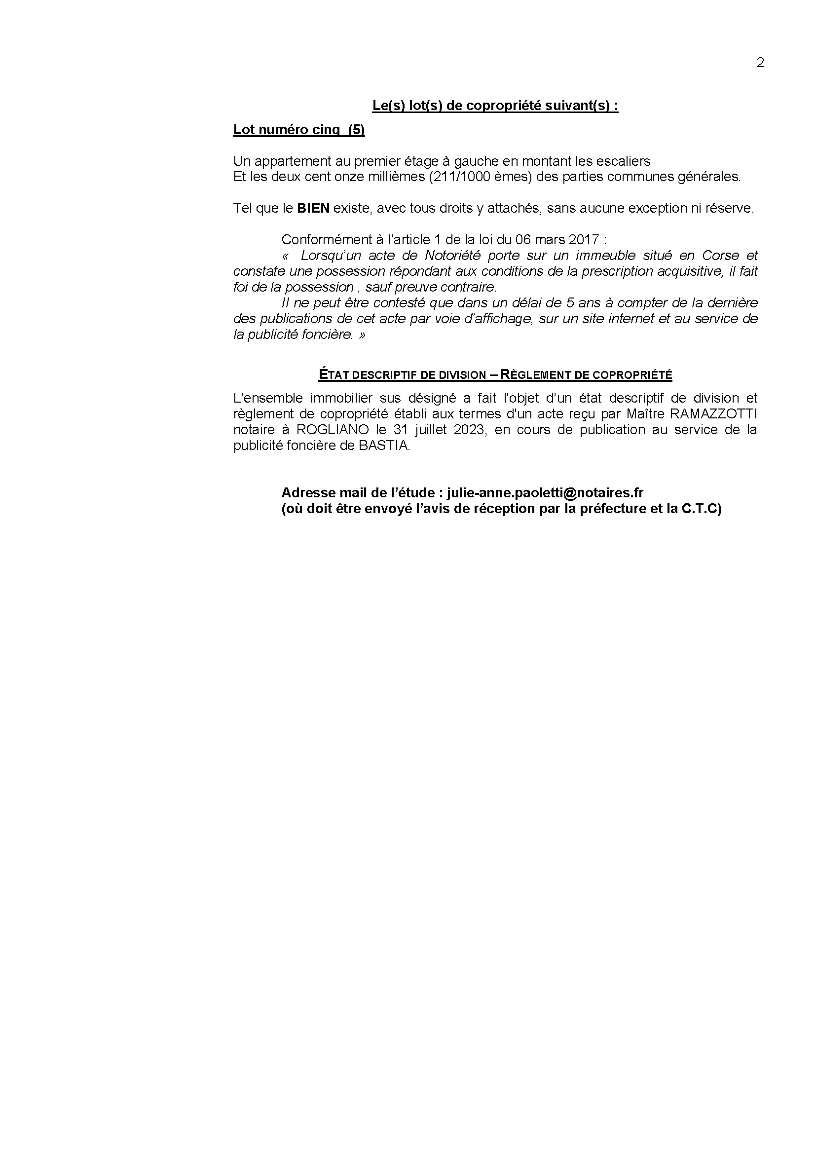Avis de création de titre de propriété - Commune de Ruglianu (Cismonte)
