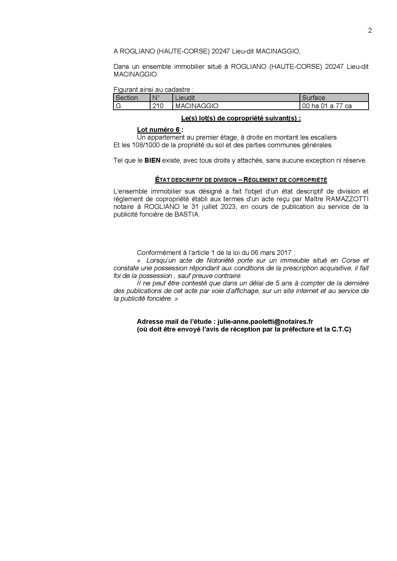 Avis de création de titre de propriété - Commune de Ruglianu (Cismonte)