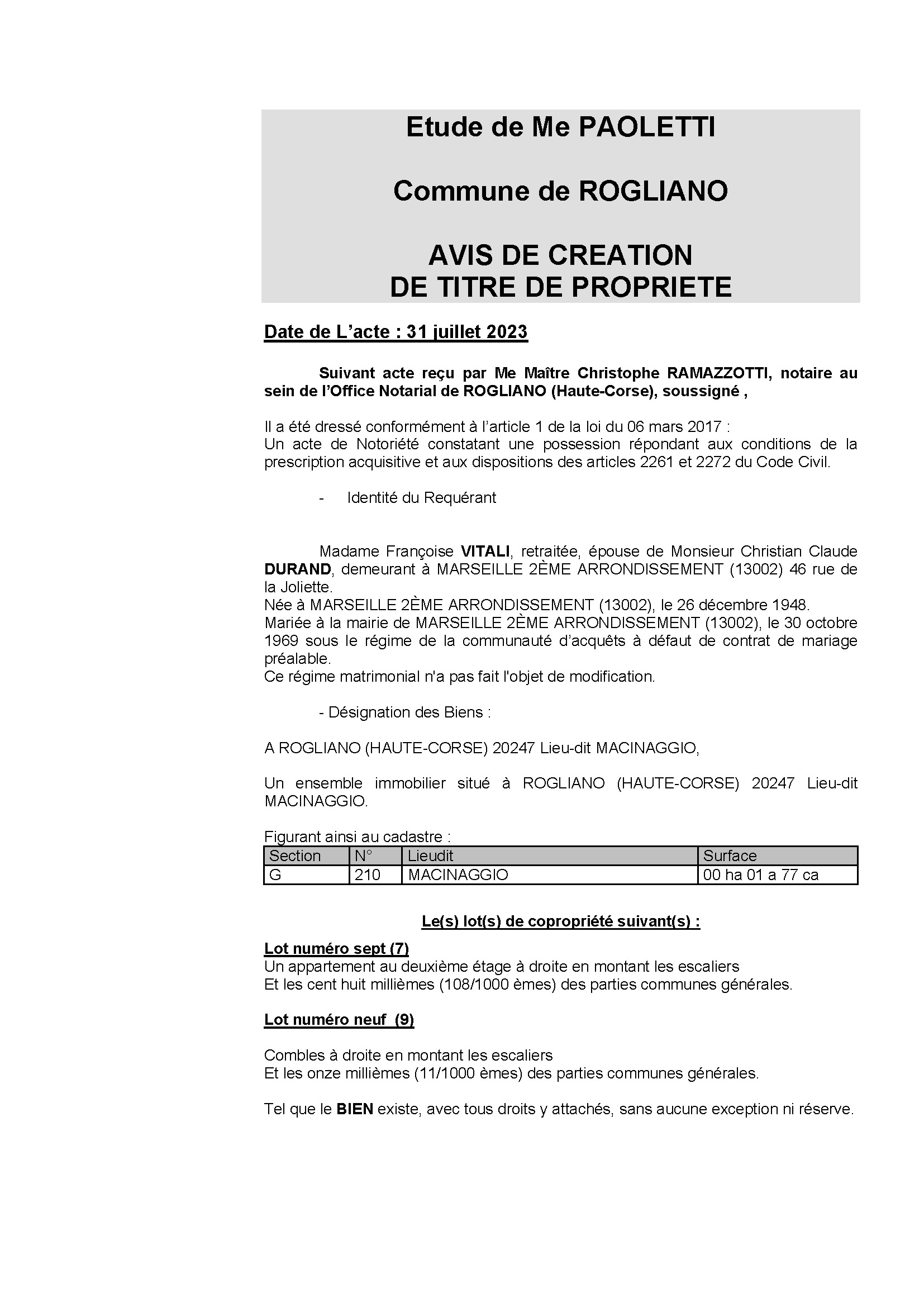 Avis de création de titre de propriété - Commune de Ruglianu (Cismonte)