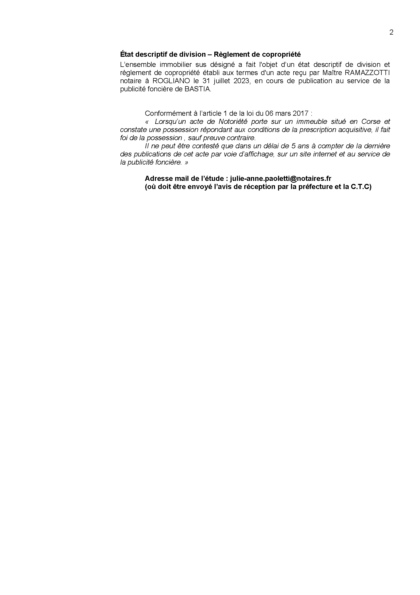 Avis de création de titre de propriété - Commune de Ruglianu (Cismonte)