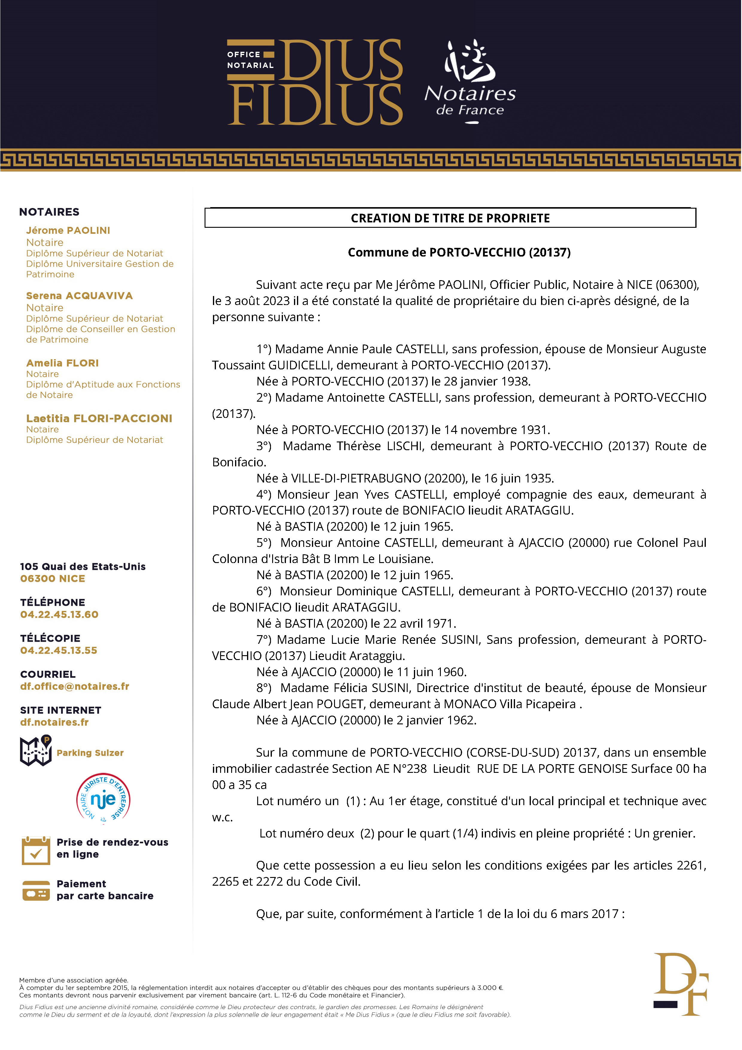 Avis de création de titre de propriété - Commune de Portivechju (Pumonti)