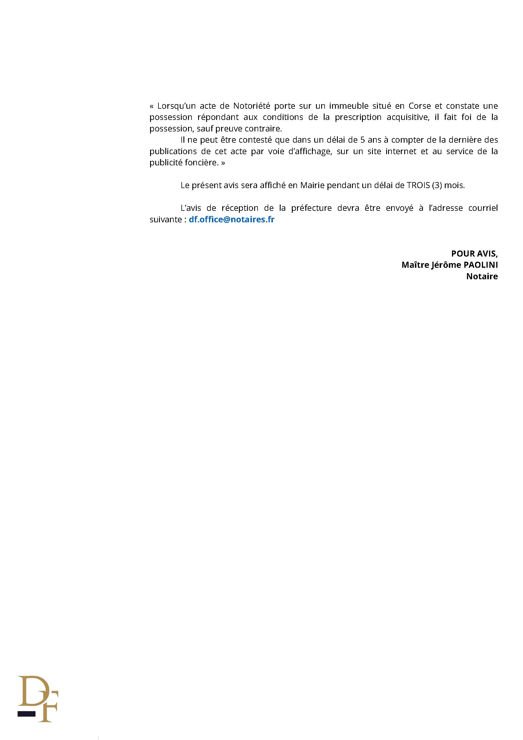 Avis de création de titre de propriété - Commune de Portivechju (Pumonti)