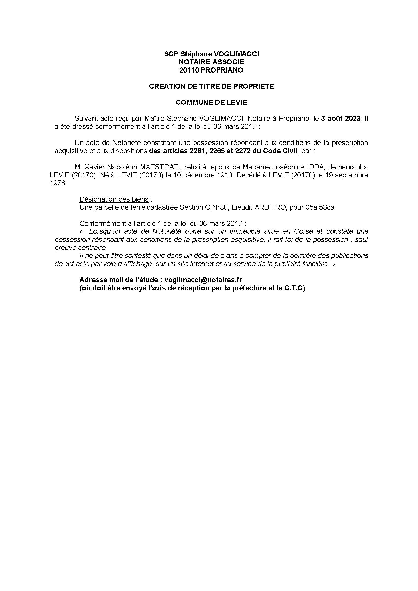 Avis de création de titre de propriété - Commune de Livia (Pumonti)