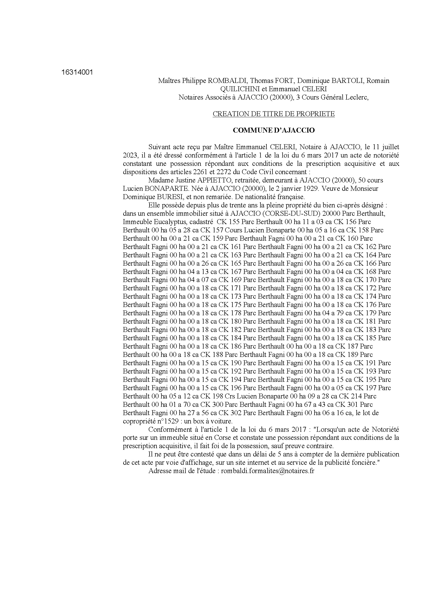Avis de création de titre de propriété - Commune d'Aiacciu (Pumonti)