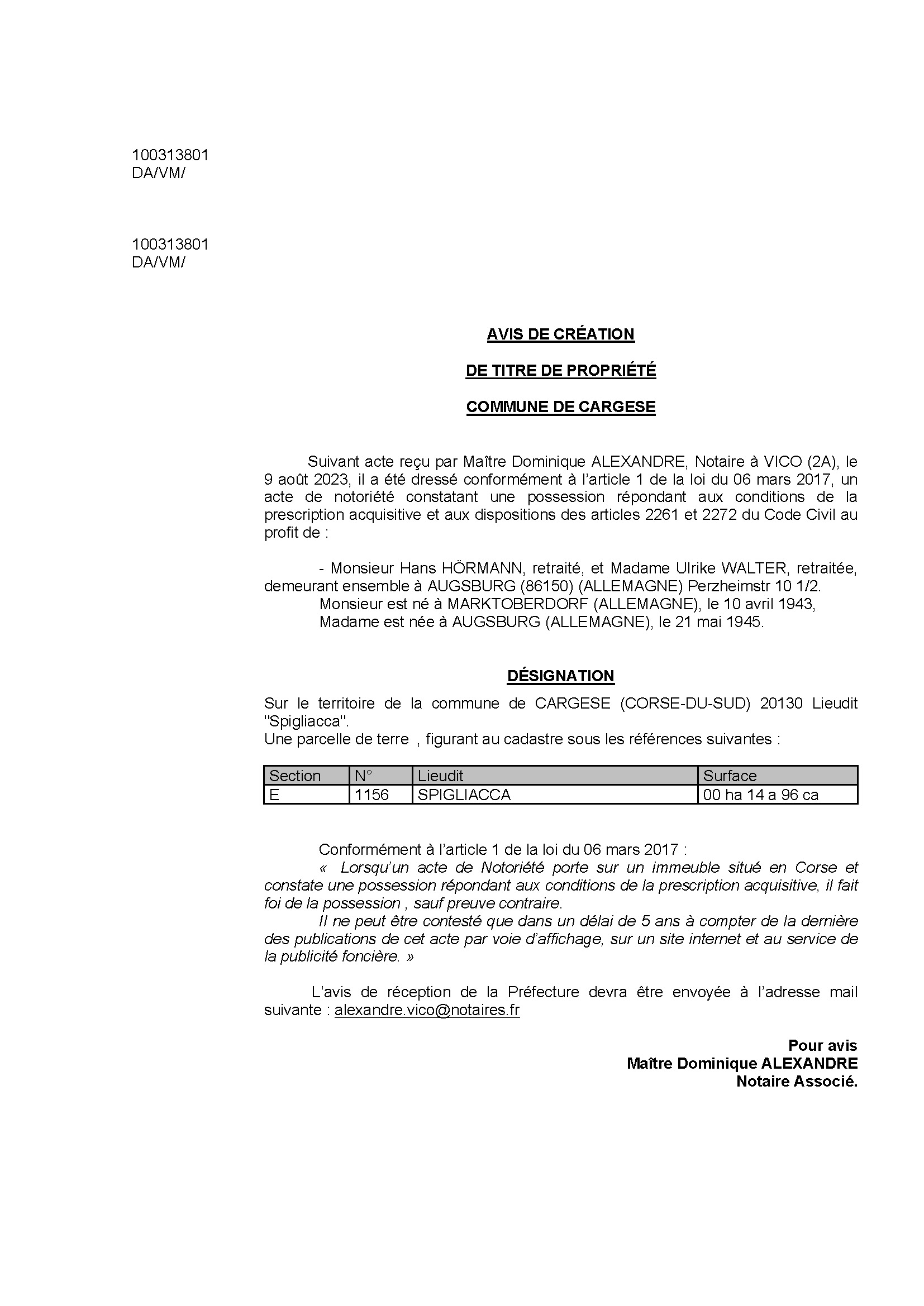 Avis de création de titre de propriété - Commune de Carghjese (Pumonti)