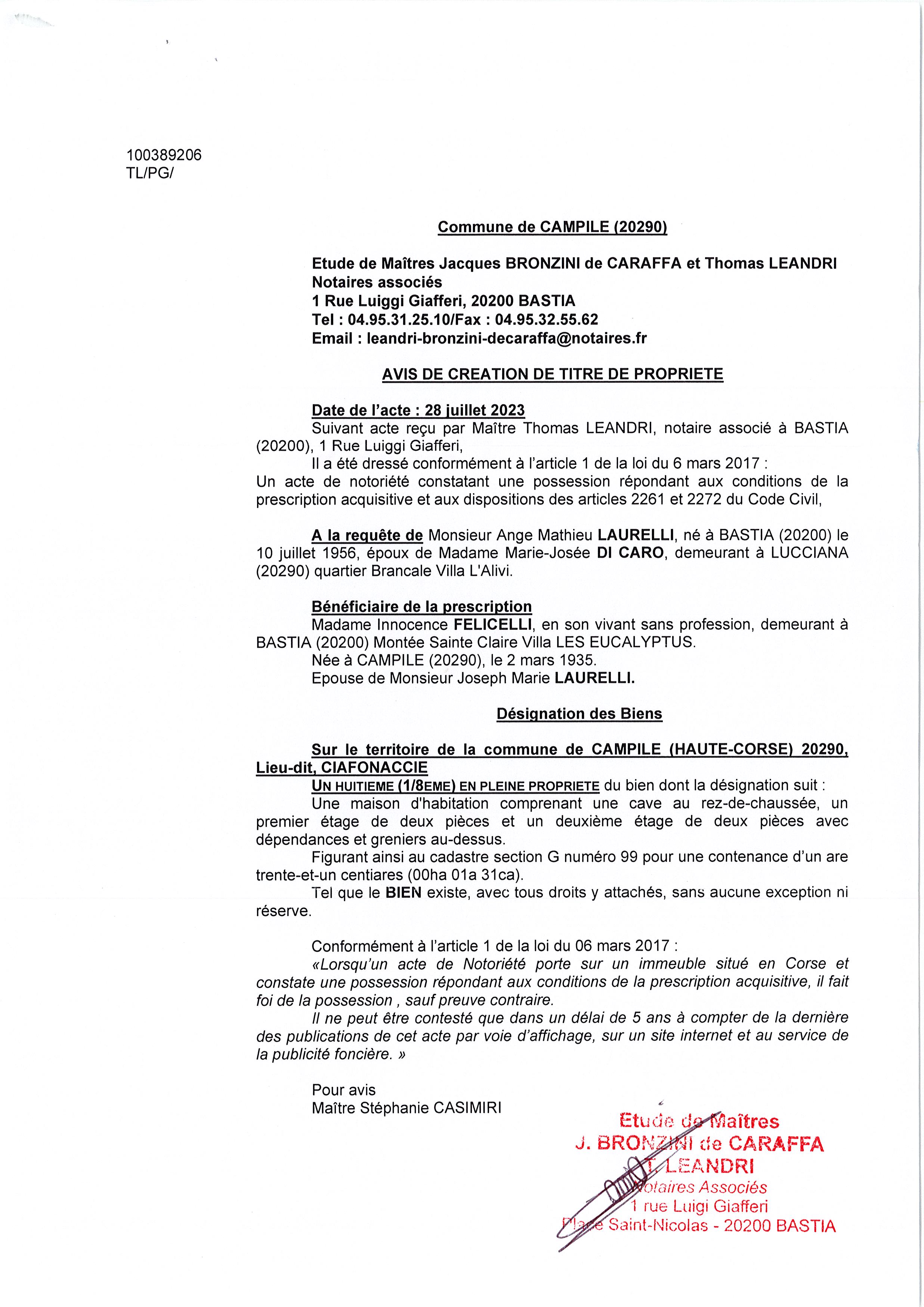 Avis de création de titre de propriété - Commune de Campile (Cismonte)