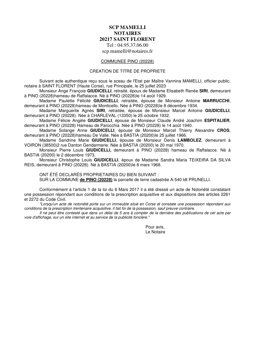 Avis de création de titre de propriété - Commune de Pinu (Cismonte)