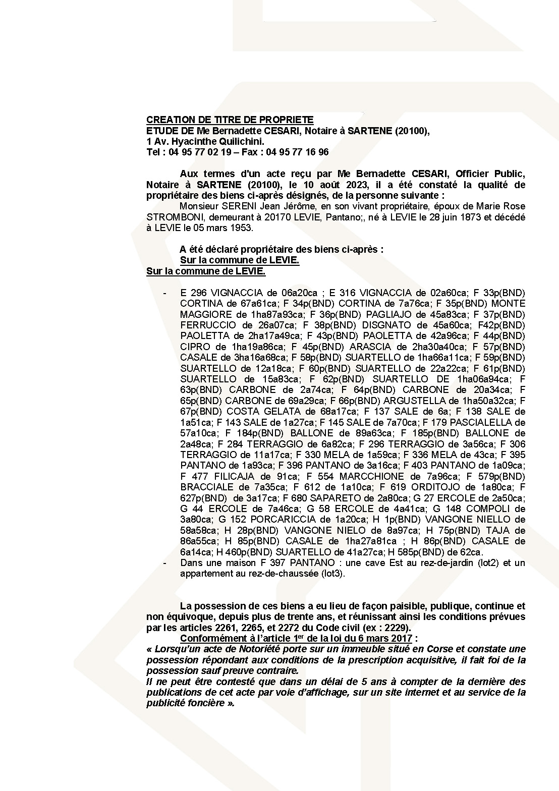 Avis de création de titre de propriété - Commune de Livia (Pumonti)