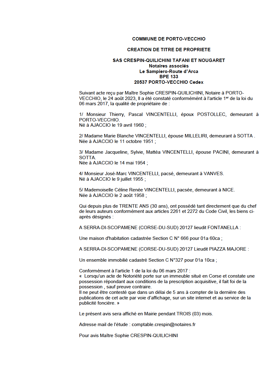 Avis de création de titre de propriété - Commune de Purtivechju (Pumonti)