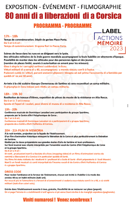 « Ottant’anni di a liberazione di a Corsica » La Collectivité de Corse commémore les 80 ans de la libération de la Corse
