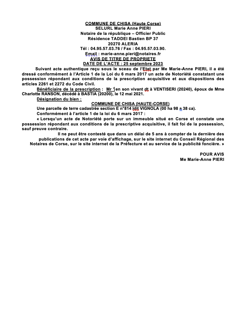 Avis de création de titre de propriété - Commune de Chisa (Cismonte)