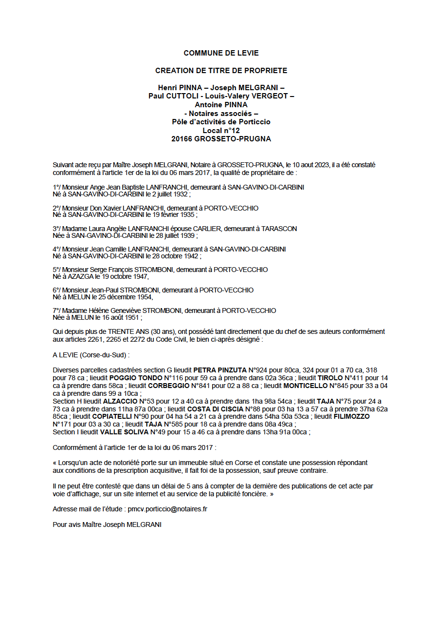  Avis de création de titre de propriété - Commune de Livia  (Pumonti)