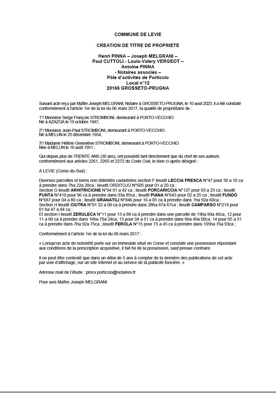 Avis de création de titre de propriété - Commune de Livia  (Pumonti)