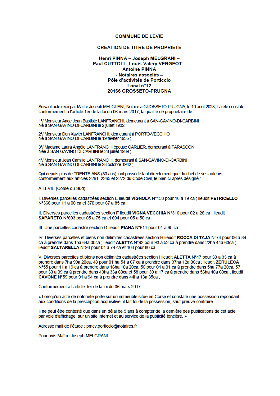 Avis de création de titre de propriété - Commune de Livia  (Pumonti)
