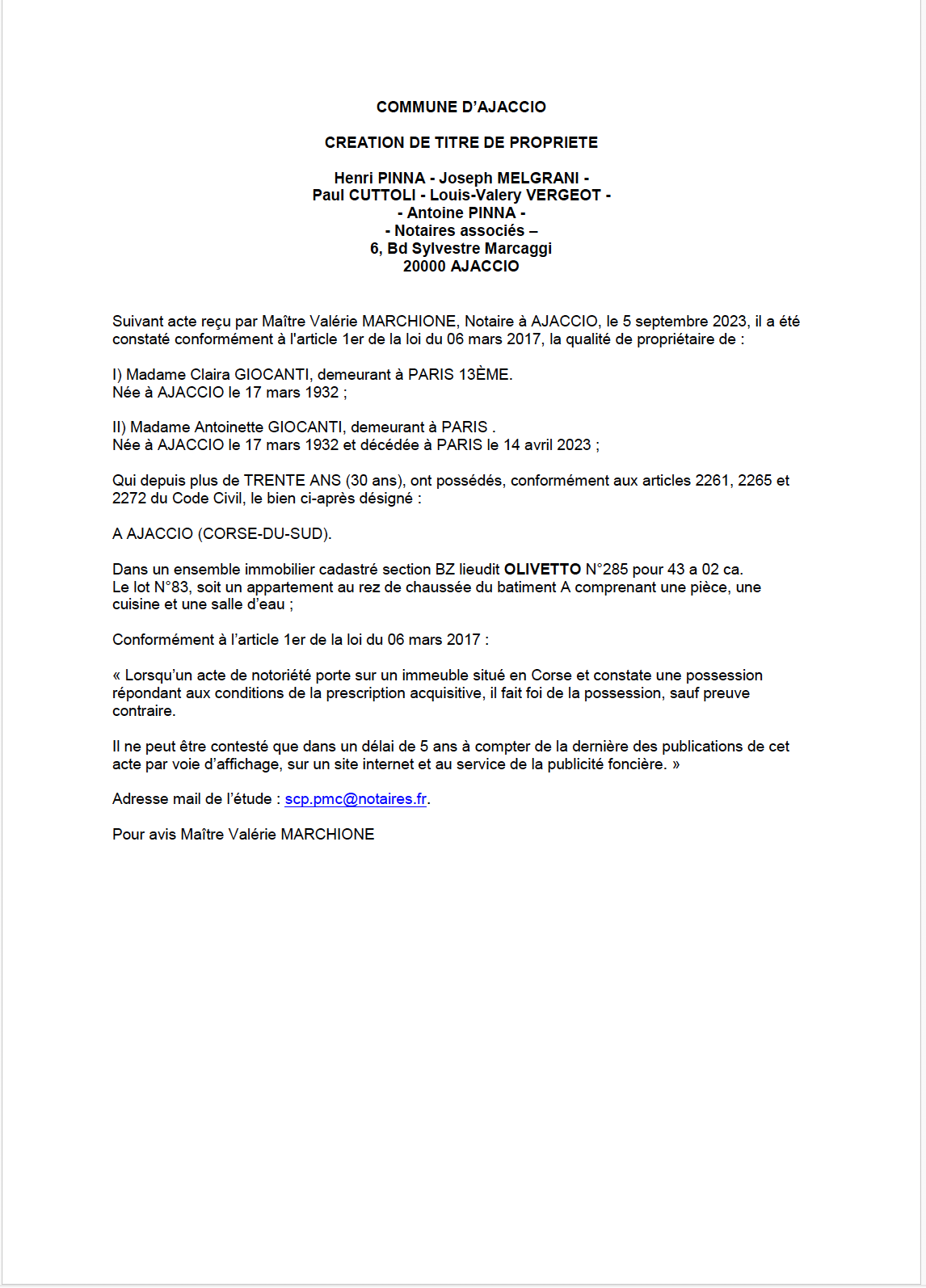 Avis de création de titre de propriété - Commune d'Aiacciu (Pumonti)