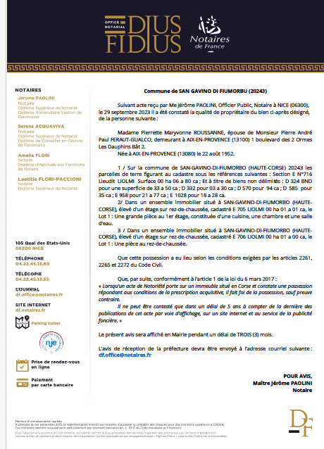 Avis de création de titre de propriété - Commune di San Gavinu di Fiumorbu (Cismonte)